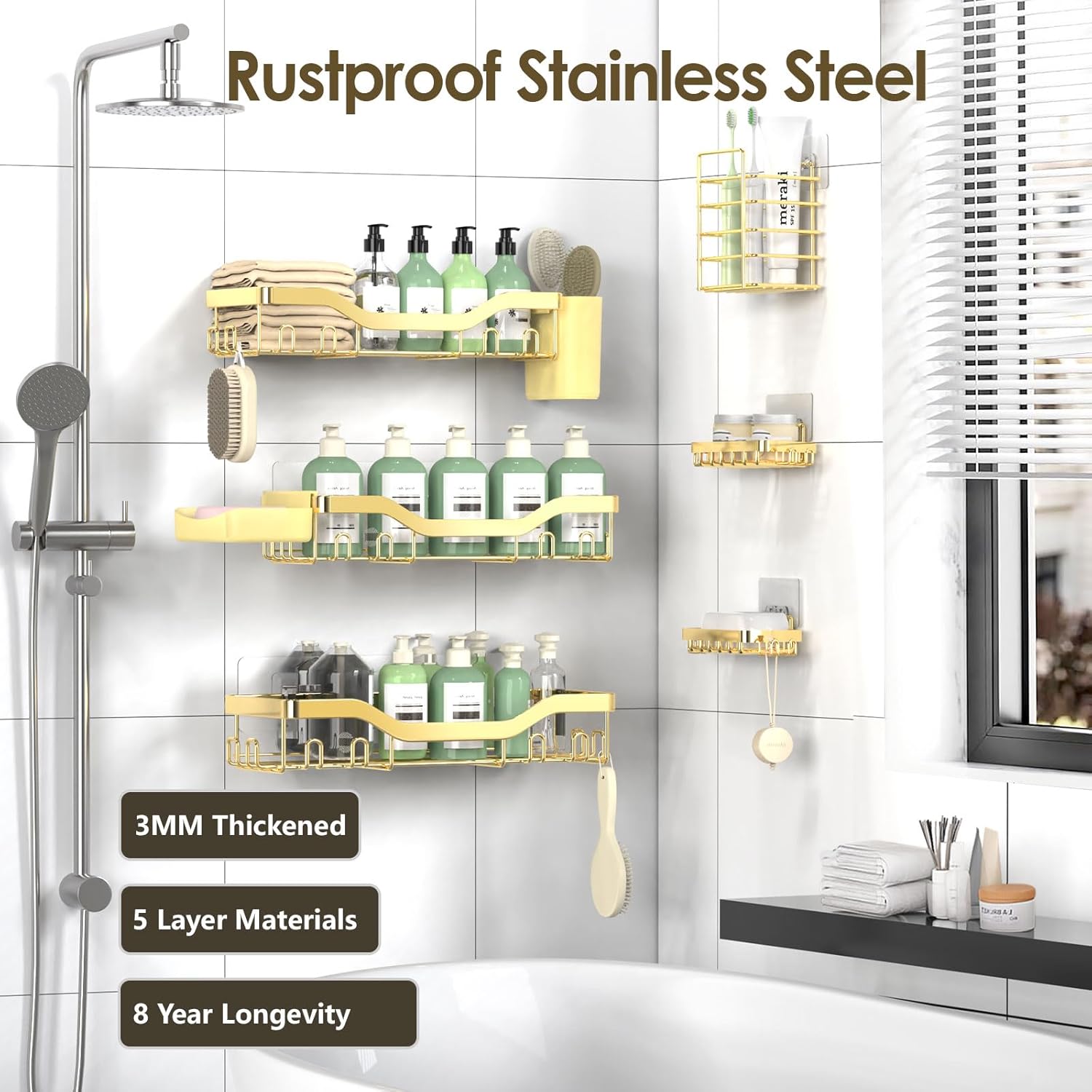 NESOMI Shower Caddy - Rustproof Stainless Steel Organizer with Soap Dish & Hooks | 8-Pack Large Capacity
