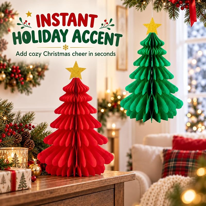 2-Piece Christmas Tree Honeycomb Paper Ornaments - Red & Green