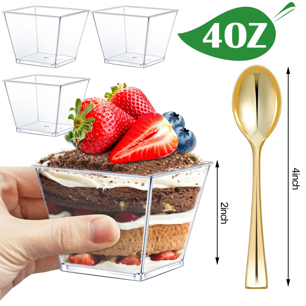 Dingion 400 Pcs 4 oz Plastic Dessert Cup with Spoon Set - 200 Square Mousses Cup & 200 Gold Glitter Tasting Spoons for Parfait Appetizer Ice Cream Wedding Party Catering