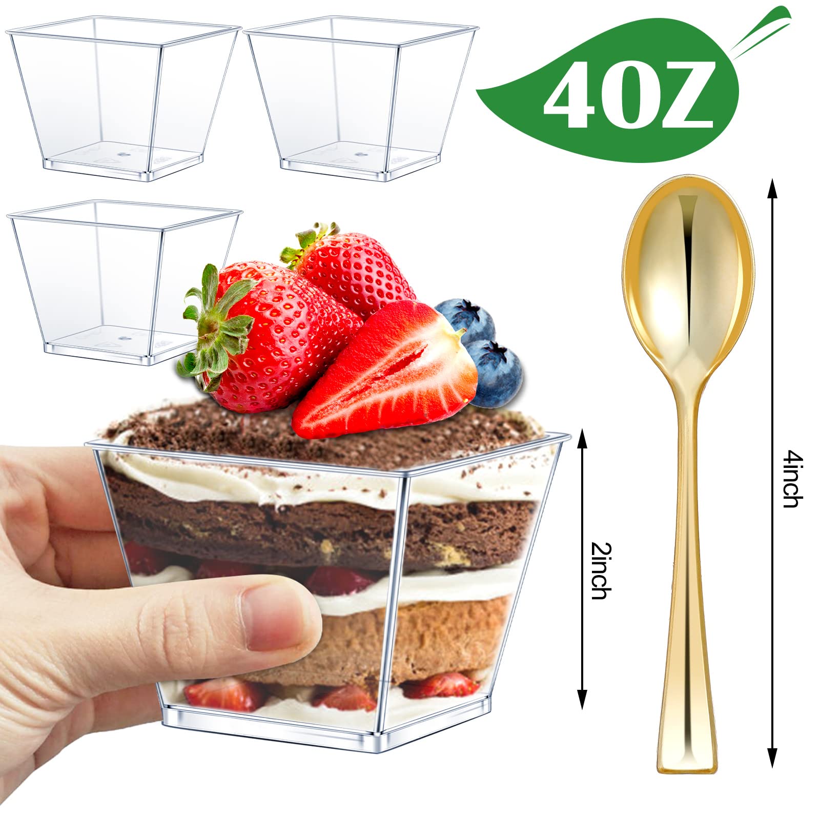 Dingion 400 Pcs 4 oz Plastic Dessert Cup with Spoon Set - 200 Square Mousses Cup & 200 Gold Glitter Tasting Spoons for Parfait Appetizer Ice Cream Wedding Party Catering