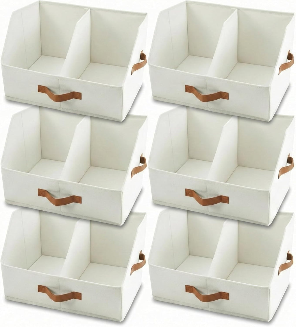 Skiennix Trapezoid Storage Bins - Upgraded Height with Handles & Adjustable Dividers | 6-Piece Set, Medium, Ivory