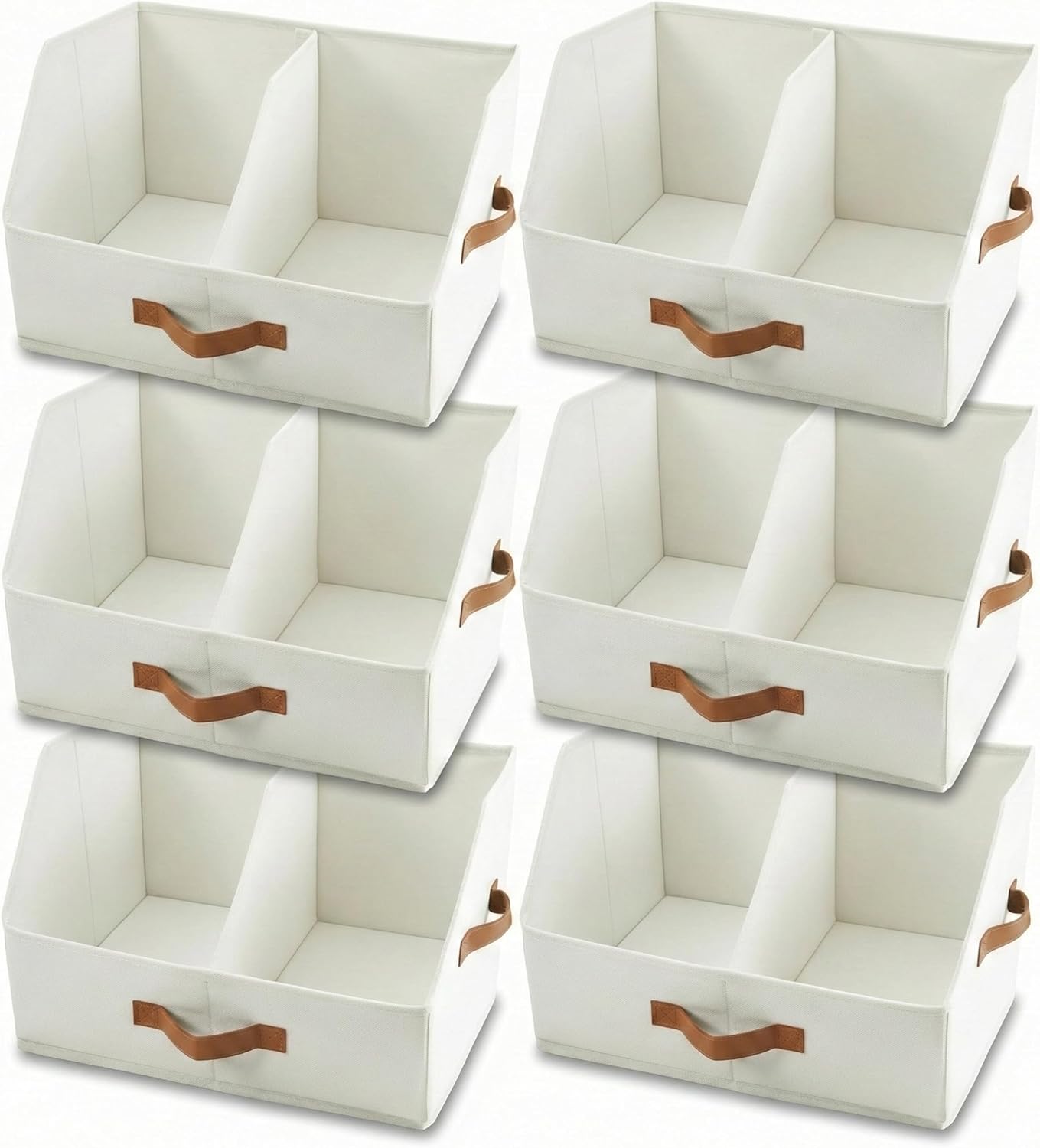 Skiennix Trapezoid Storage Bins - Upgraded Height with Handles & Adjustable Dividers | 6-Piece Set, Medium, Ivory