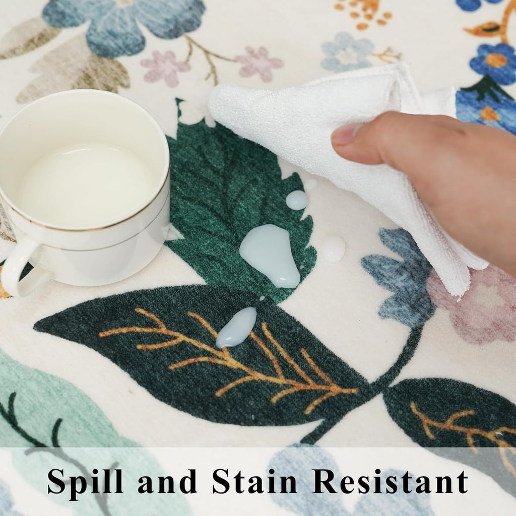 Skiennix Floral Square Area Rug - Washable 5x5 Soft Water-Resistant Carpet for Living Room & Bedroom | Non-Slip Backing, Cream
