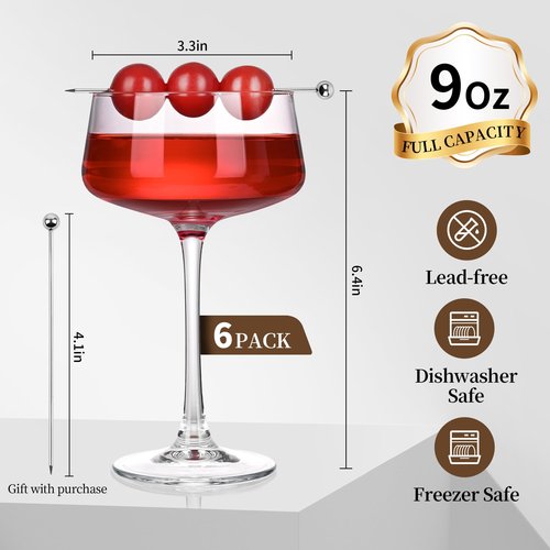 KMIGRUAN Martini Glasses Set of 6, 9oz Coupe Glasses, Hand Blown Crystal Cocktail Glasses for Espresso Martini, Manhattan,Home Bar,Gift Set