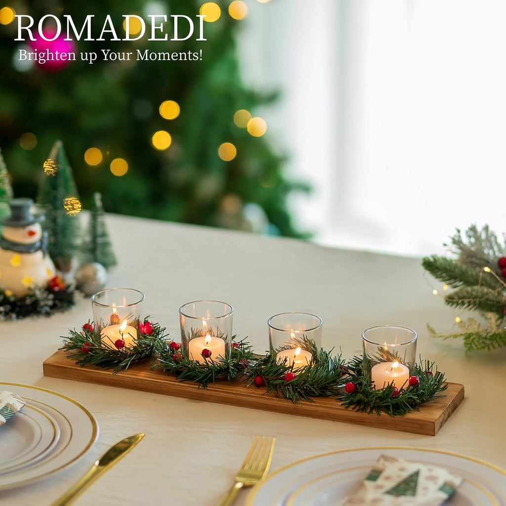 Romadedi Christmas Candle Holder - Rustic 4 Tealight Holders with Mini Wreaths | 16.5-Inch Wooden Tray for Table Centerpiece Decor