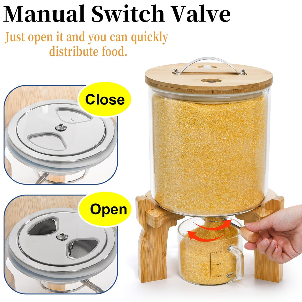 Goaste Glass Rice Dispenser with Bamboo Stand, 5L Flour Cereal Container with Airtight Lid, 8 Lbs Large Grain Food Storage Bucket, Countertop Beans Storage Tank with Measuring Cup & Valve for Dry Food