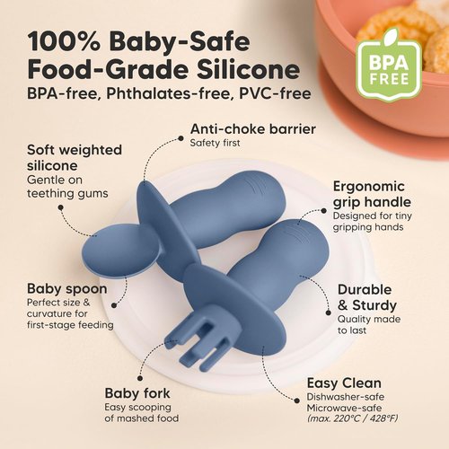 KeaBabies Silicone Baby Spoons & Forks Set - 4-Pack Self Feeding Utensils for 6-12 Months, BPA-Free (Slate)