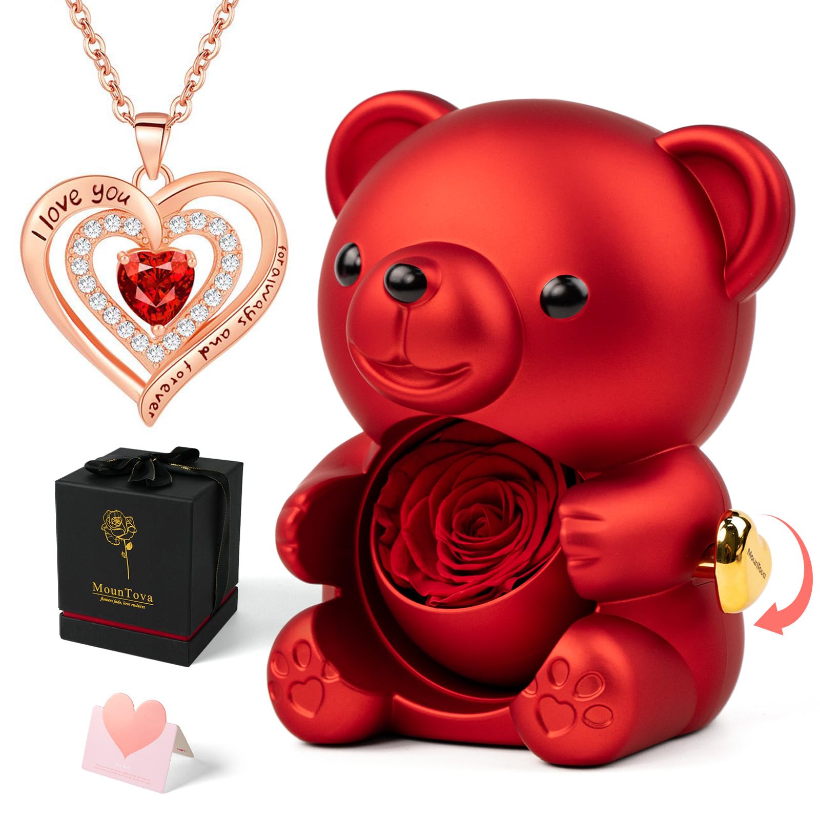 mountova Romantic Teddy Bear with Preserved Rose, Real Rose in Elegant Gift Box with Necklace for Women, Bear Roses Gifts for Mother's Day,Weddings,Valentine's Day,Anniversary,Birthday, Red