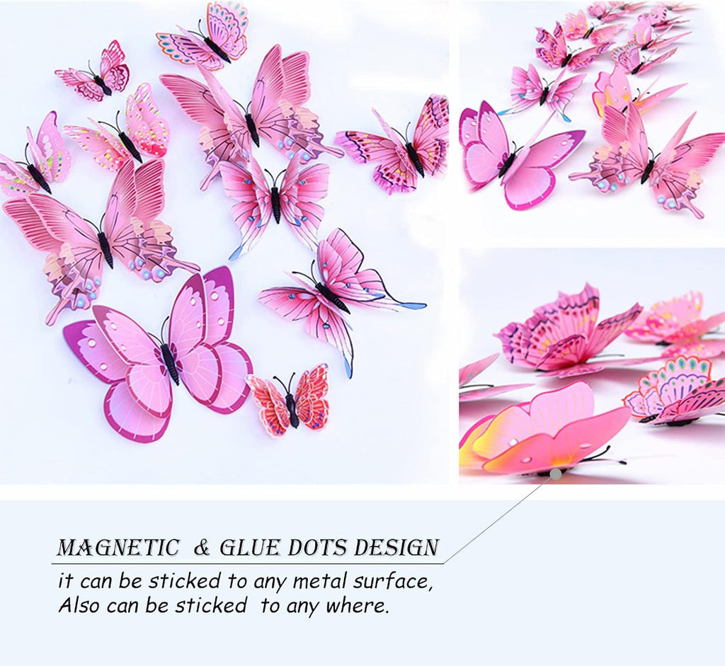 OPSEAM 3D Butterfly Wall Decor - 48 PCS Pink Butterfly Stickers with Magnets for Party Decorations