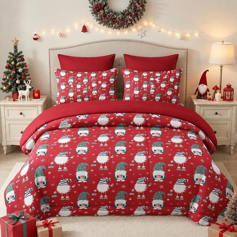 Full Christmas Comforter Set with Sheets - 7-Piece, Merry Christmas Bedding, Gnome Pattern (Variation: Christmas Gnome)
