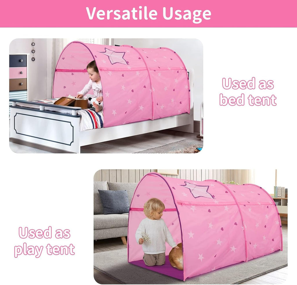 Alvantor® Starlight Bed Canopy Dream Play Tents Playhouse Privacy Space Twin Sleeping Indoor Stars Boys Girls Pop Up Portable Frame Curtains Pink, Patent Pending