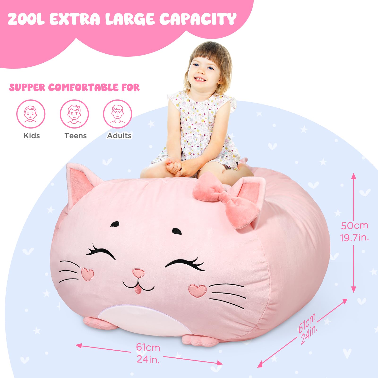 Children's Bean Bag Cover for Soft Toys 24 x 24 x 19.7 in - Toy Storage for Children's Room - Cuddly Toy Organiser for Plush Toys & Blankets Premium Velvet, Zip - Kitty