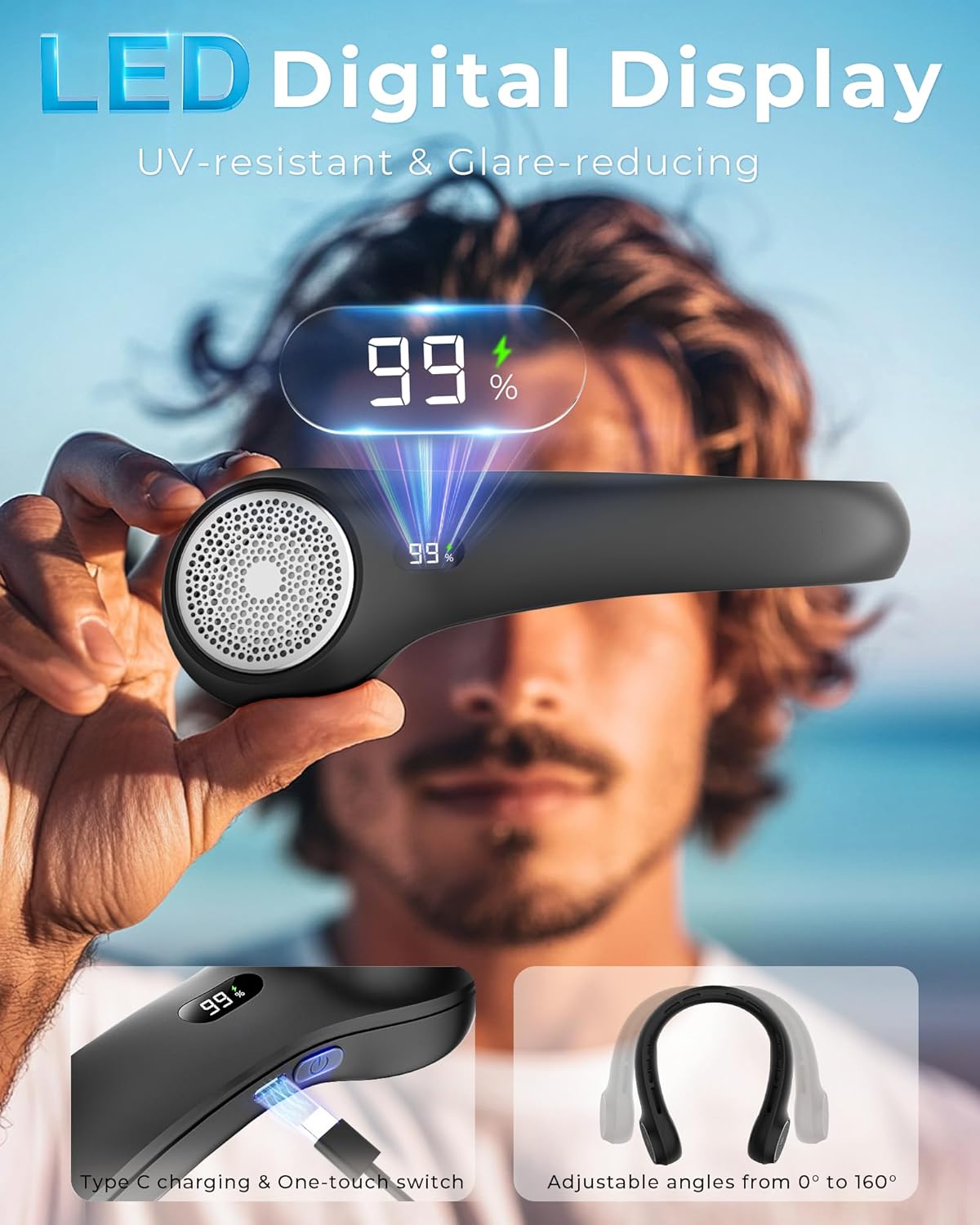Skiennix Portable Neck Fan - 360° Cooling with LED Display & 3-Speed Adjustment | 4000mAh Rechargeable, Ideal for Travel