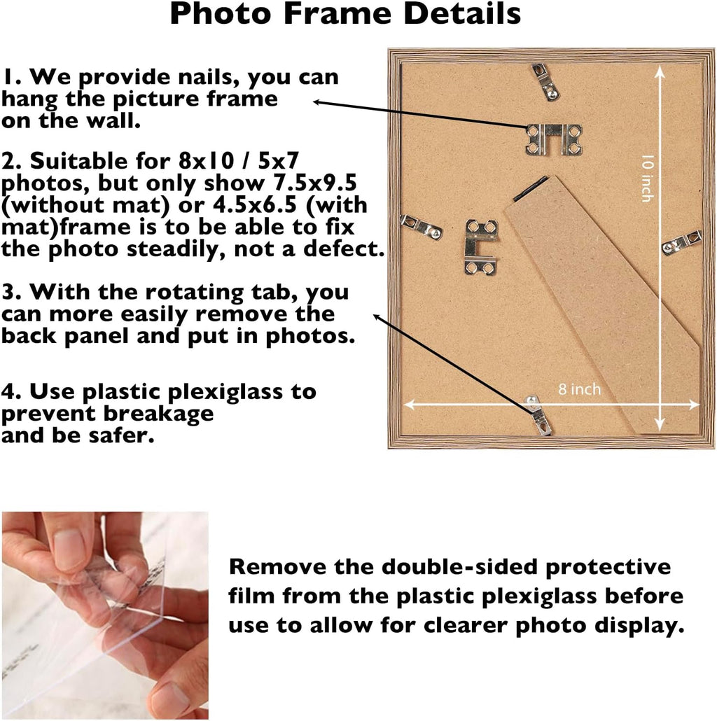 Skiennix 8x10 Picture Frame - Rustic Brown Wall Hanging & Tabletop Display with 5x7 Mat