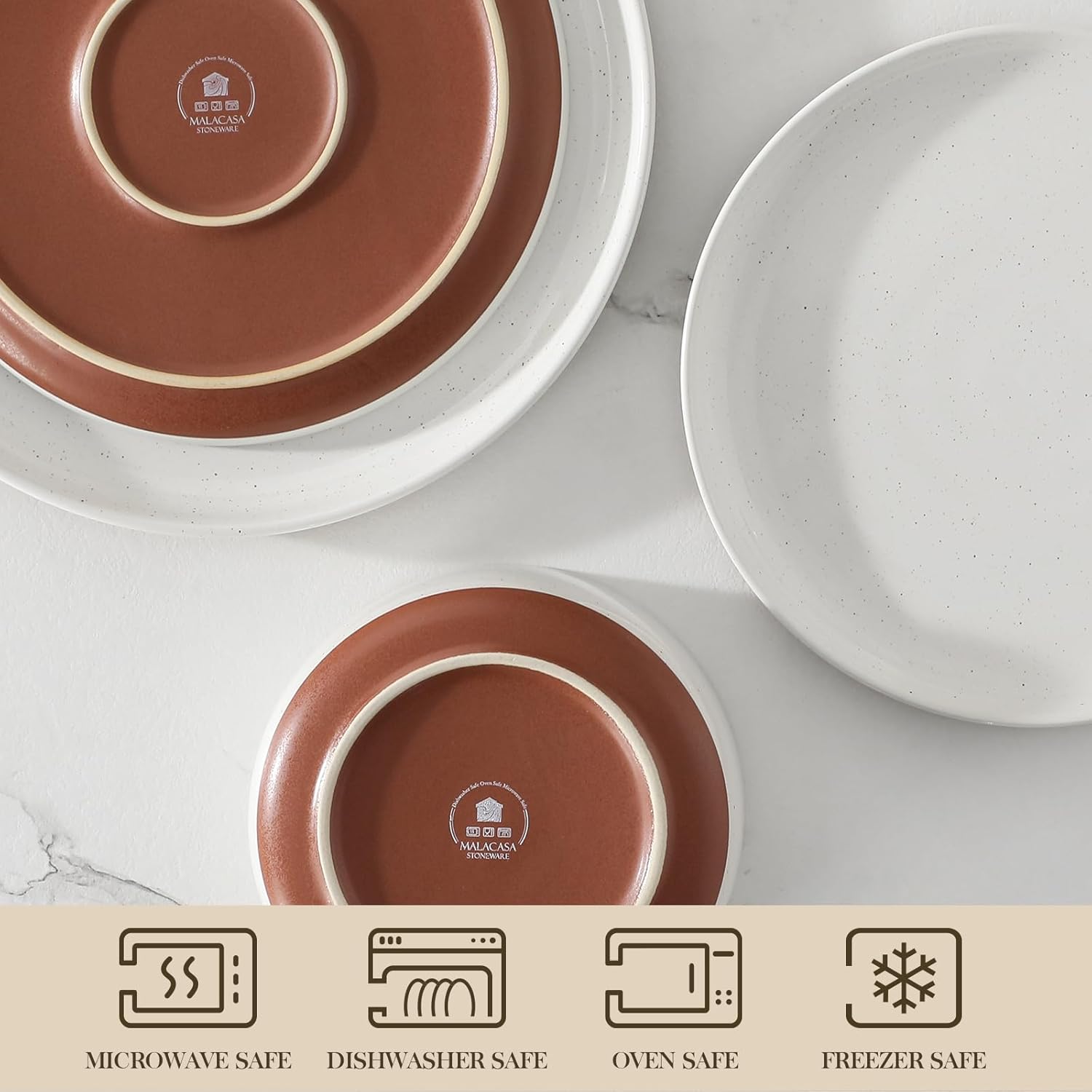 MALACASA 12-Piece Stoneware Dinnerware Set - Modern Ceramic Plates & Bowls for 4 | Microwave & Dishwasher Safe, White, TARA Series