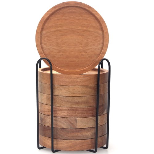 Rustic Wooden Coasters Set of 8 Farmhouse Coffee Table Decor Acacia Wood Drink Coaster with Holder Modern Outdoor Bar Cool Cup Costers Kitchen Accessories Decoration Home Dining Coasters Gift