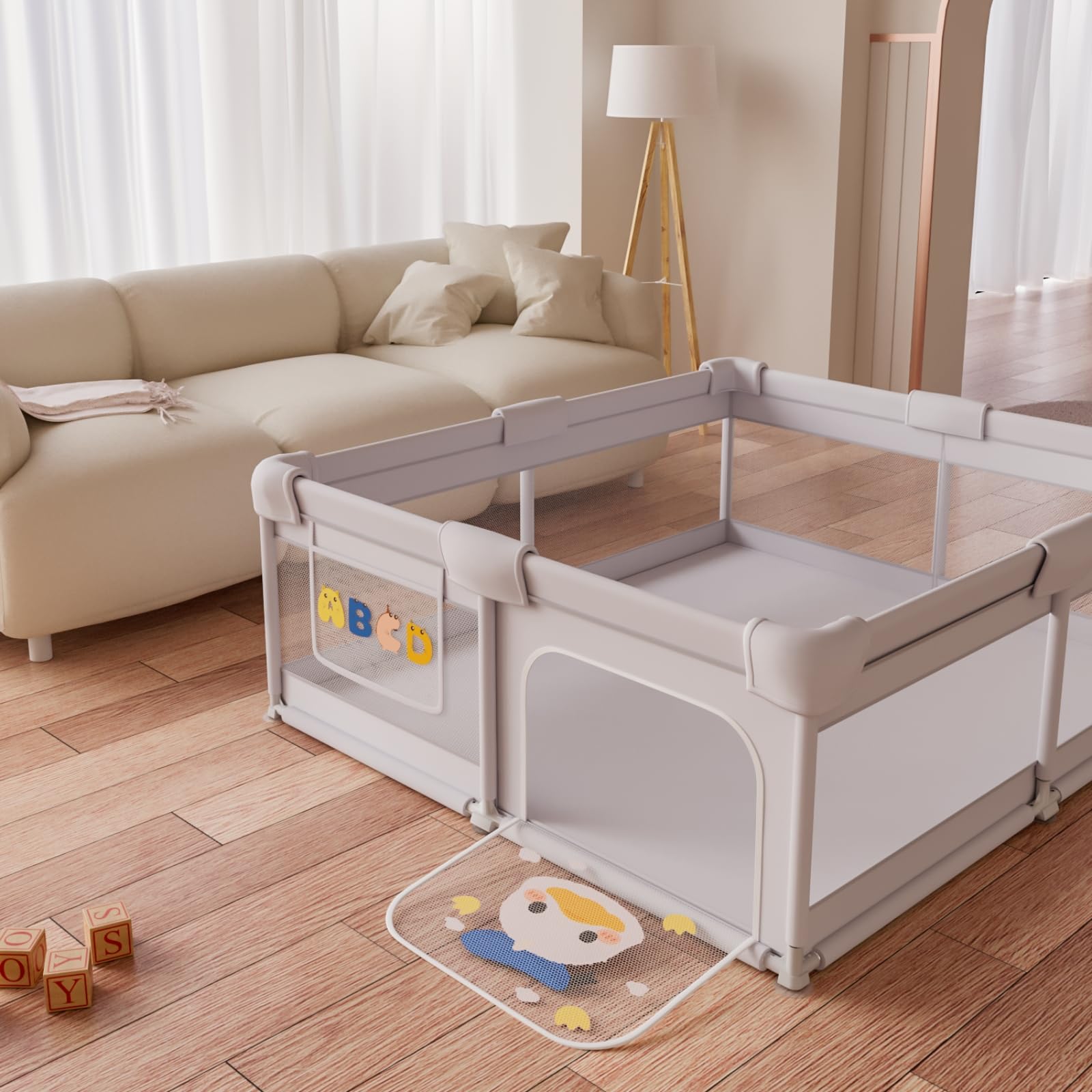 Baby Playpen Baby Playard for Babies and Toddlers, Indoor & Outdoor Kids Activity Center, Sturdy Safety Anti-Fall Play Yard with Soft Breathable Mesh, Kid's Fence for Infants Toddlers, Grey, 71″×47″