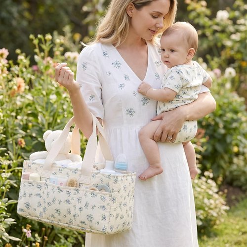 Lemoobolsa Baby Diaper Caddy Organizer with Portable Changing Mat-Portable Baby Organizers and Storage, Gift for Baby Shower, Baby Essentials Organizer with Removable Dividers (Blue Floral)