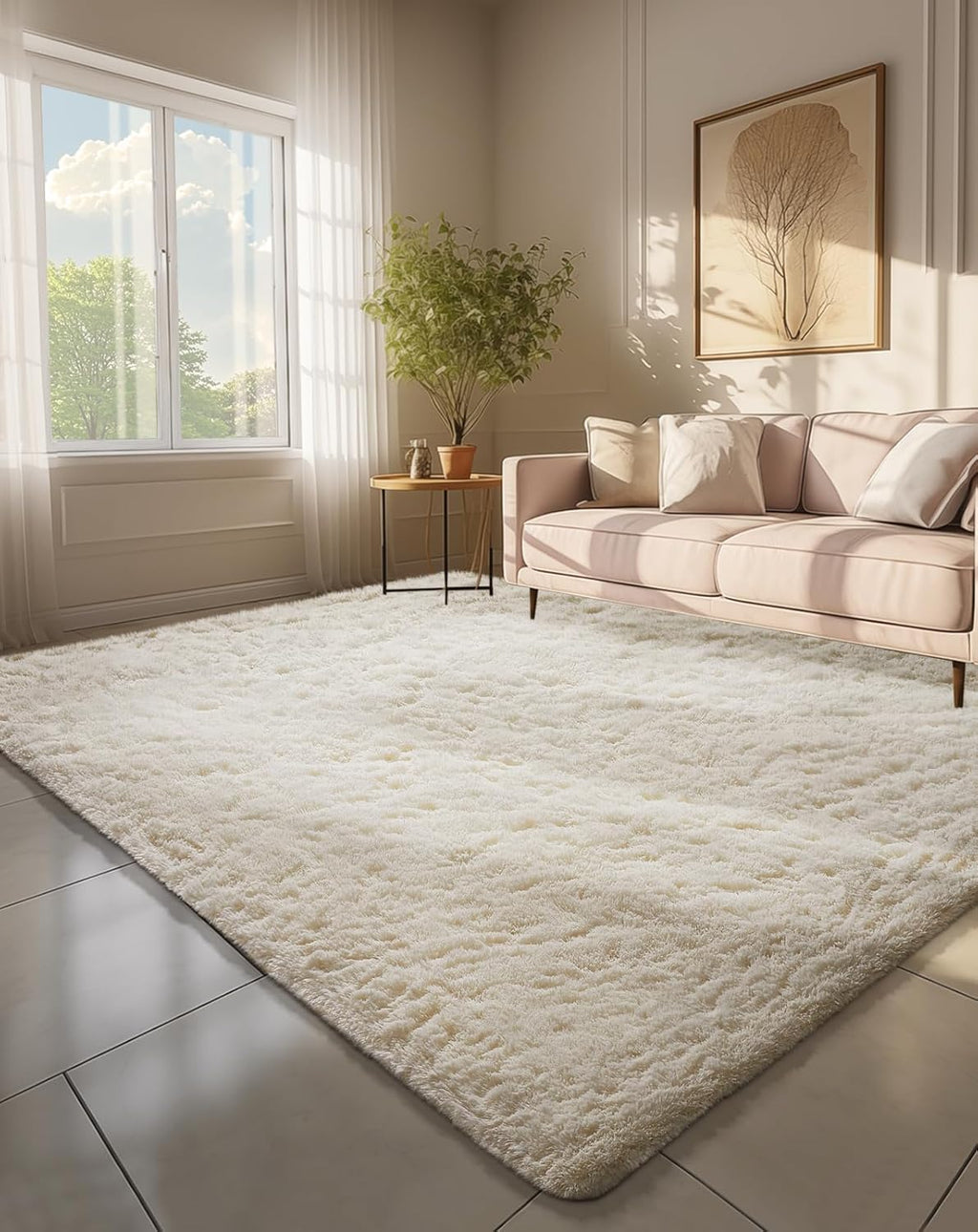 Ophanie Area Rugs - Non-Slip Fluffy Soft Shag Rug for Living Room | Large Ivory Plush Carpet