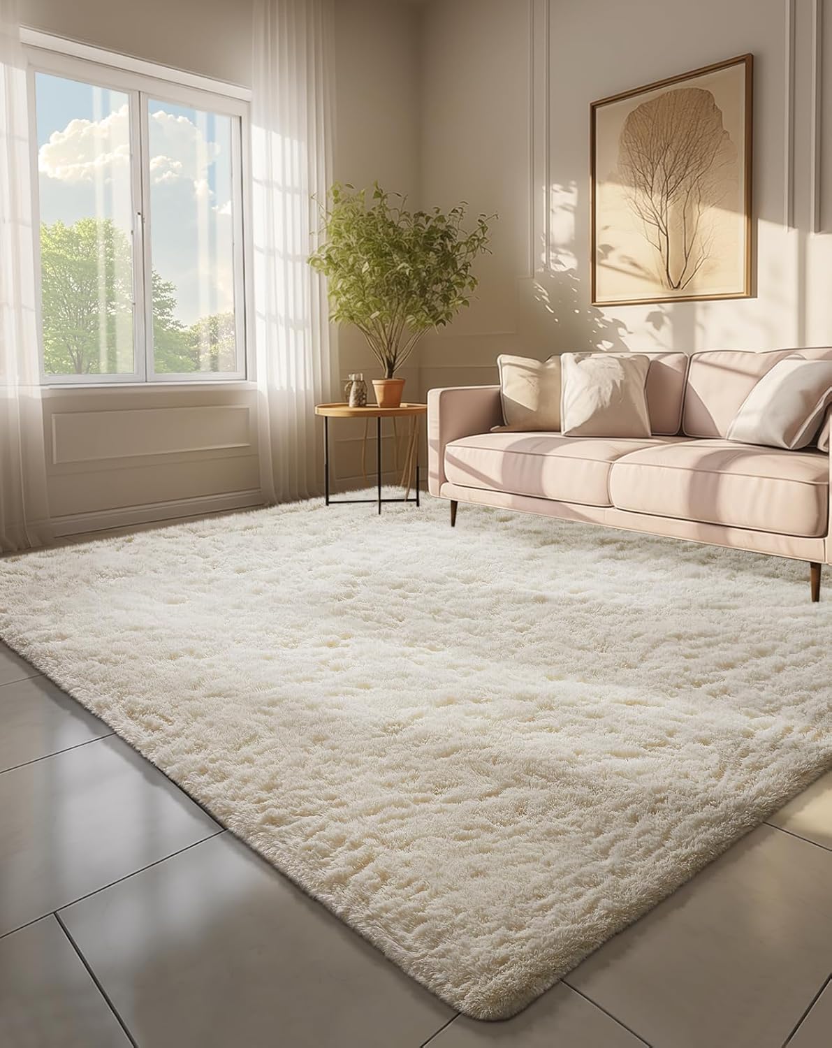 Ophanie Area Rugs - Non-Slip Fluffy Soft Shag Rug for Living Room | Large Ivory Plush Carpet