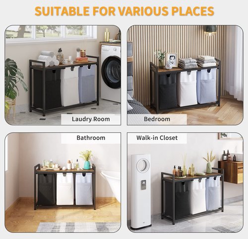 LIVEHOM Laundry Basket Three Laundry Hamper with Removable Bags, Fabric Handles, Large Top Shelf and Laundry Bag for Bathroom, Dorm, Laundry Room