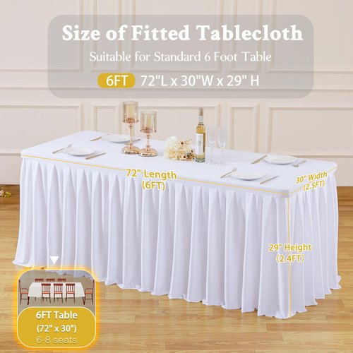 4 Pack White Rectangle Tablecloth 6 FT Stretch Spandex Fitted Table Cloth for 6 Foot Rectangle Tables Banquet Tablecloths Wrinkle Free Table Cover Stitch Ruffle Table Skirt for Party Wedding Birthday