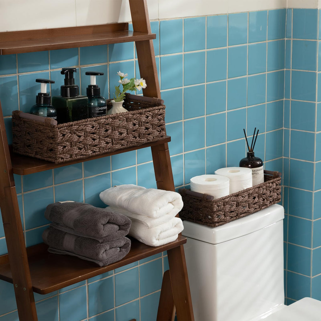 OIAHOMY Toilet Paper Baskets Handmade Paper Rope Decorative Wicker Storage Tank Shelf Cabinet Organizer for Bathroom Home, Set of 2, Green
