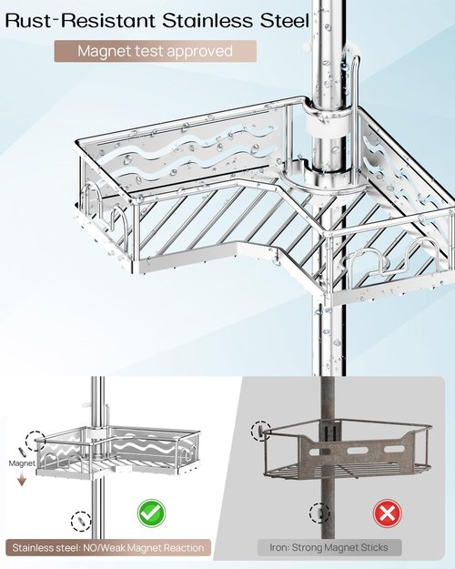ALLZONE Corner Shower Caddy - Adjustable Tension Pole with 4 Baskets & Dual Hooks | Rust-Resistant Stainless Steel, 34-116 Inch