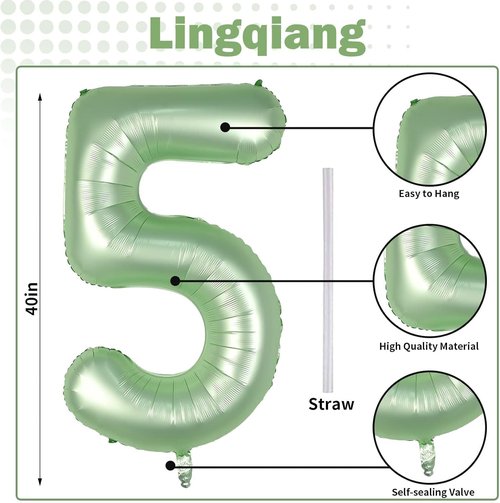 Helium Foil Number 5 Balloon by [Brand Name] - 40" Sage Green Giant Balloon for Birthday & Anniversary Celebrations
