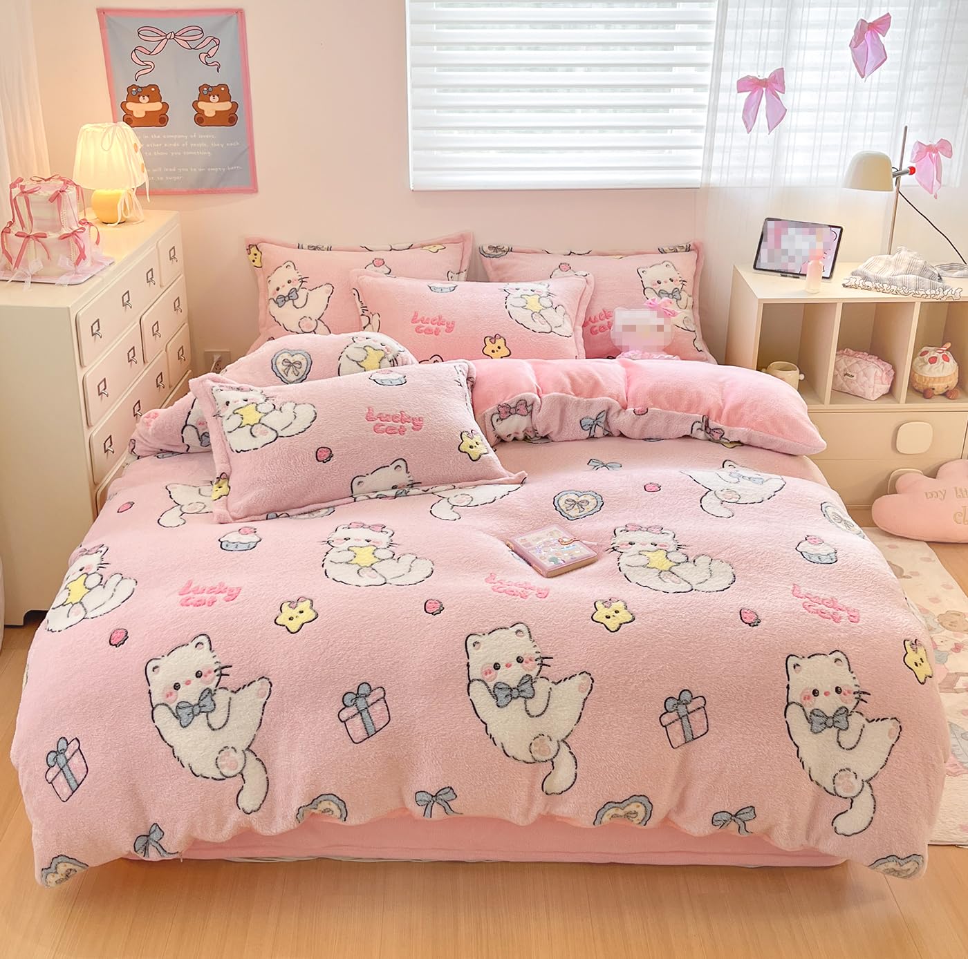 LMONMOO Pink Duvet Cover Queen, Bunny Cake Kawaii Bedding Sets, Ultra Soft Cute Fluffy Comforter Covers Set for Girls Kids Women Teen(Cake, Queen)