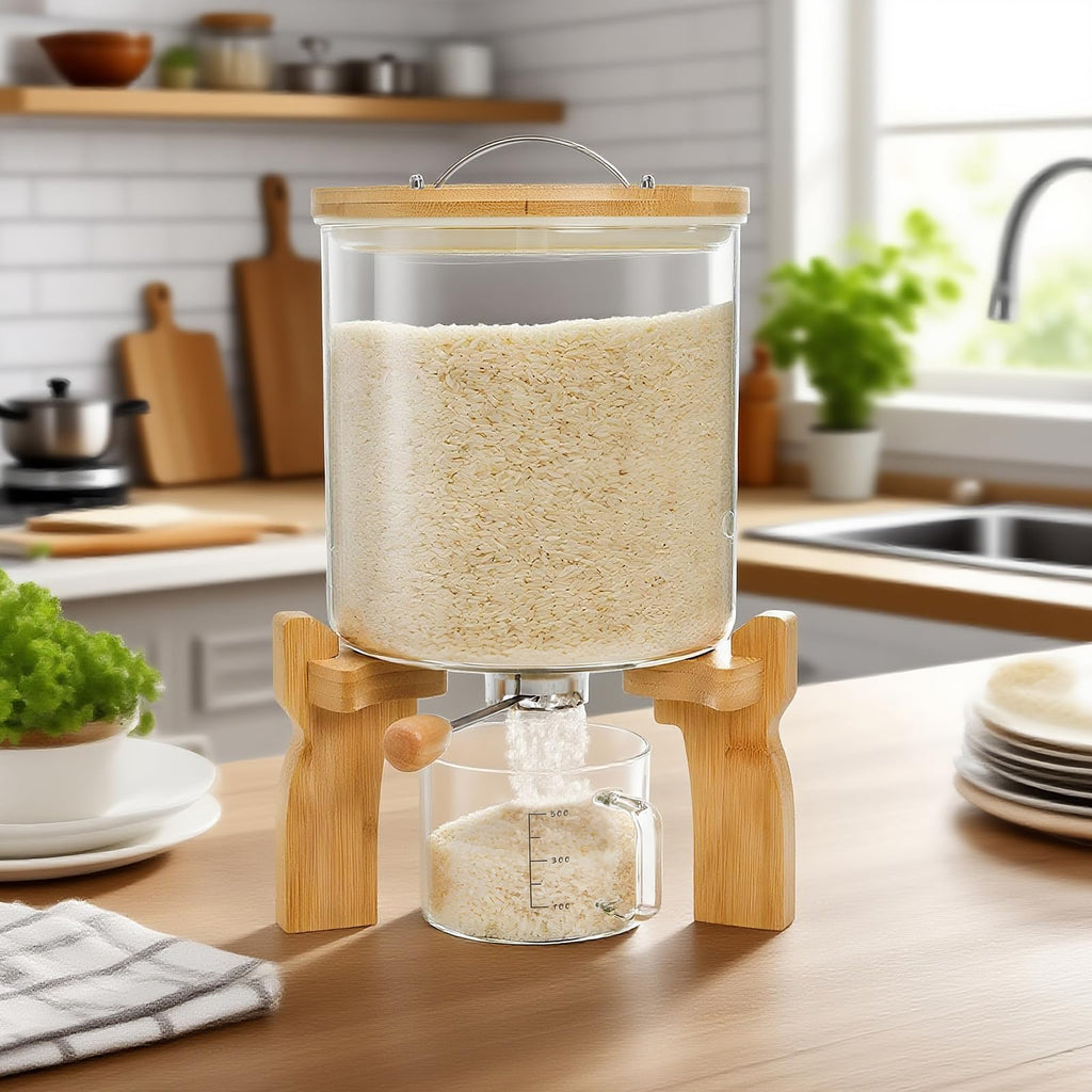 Goaste Glass Rice Dispenser with Bamboo Stand, 5L Flour Cereal Container with Airtight Lid, 8 Lbs Large Grain Food Storage Bucket, Countertop Beans Storage Tank with Measuring Cup & Valve for Dry Food