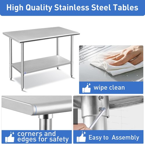 ROCKPOINT Stainless Steel Table for Prep & Work 14x24 Inches, NSF Metal Commercial Kitchen Heavy Duty Table with Adjustable Under Shelf and Table Foot for Restaurant, Home and Hotel