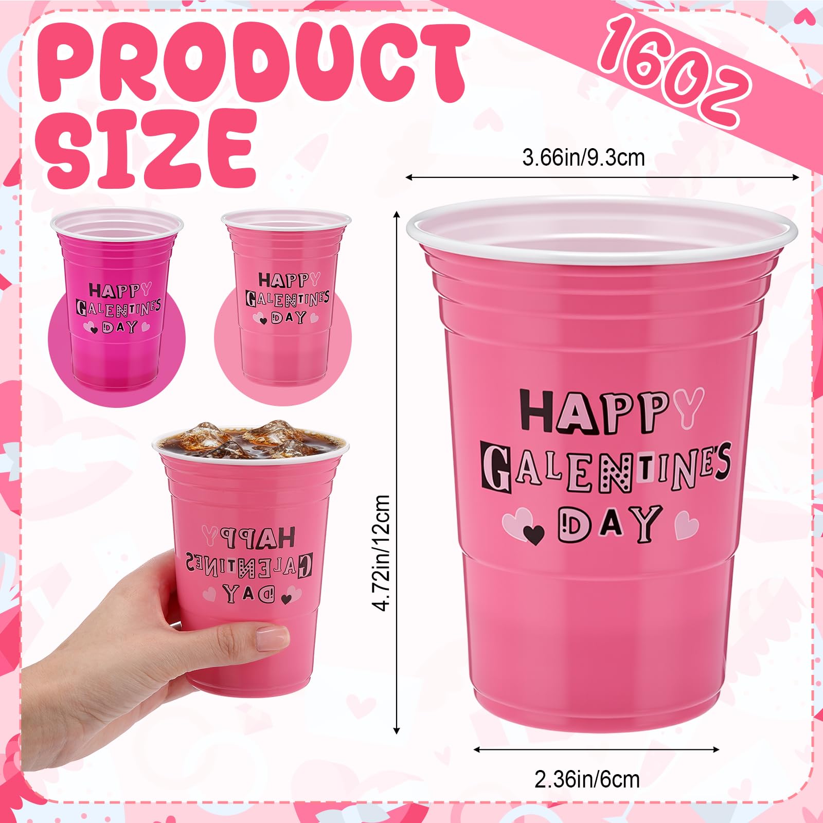 Yungyan 50 Pcs Galentines Day Plastic Cups Galentine's Day Gifts Party Favors 16 oz Reusable Pink and Hot Pink Heart Tumblers Bulk for Women Girl Lady Friend Cold Drink Party Favor Decoration