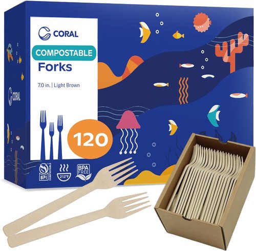 CORAL 100% Compostable Forks - 120 Heavy Duty, Break Resistant, Ocean Friendly - 7 Inch Biodegradable Silverware
