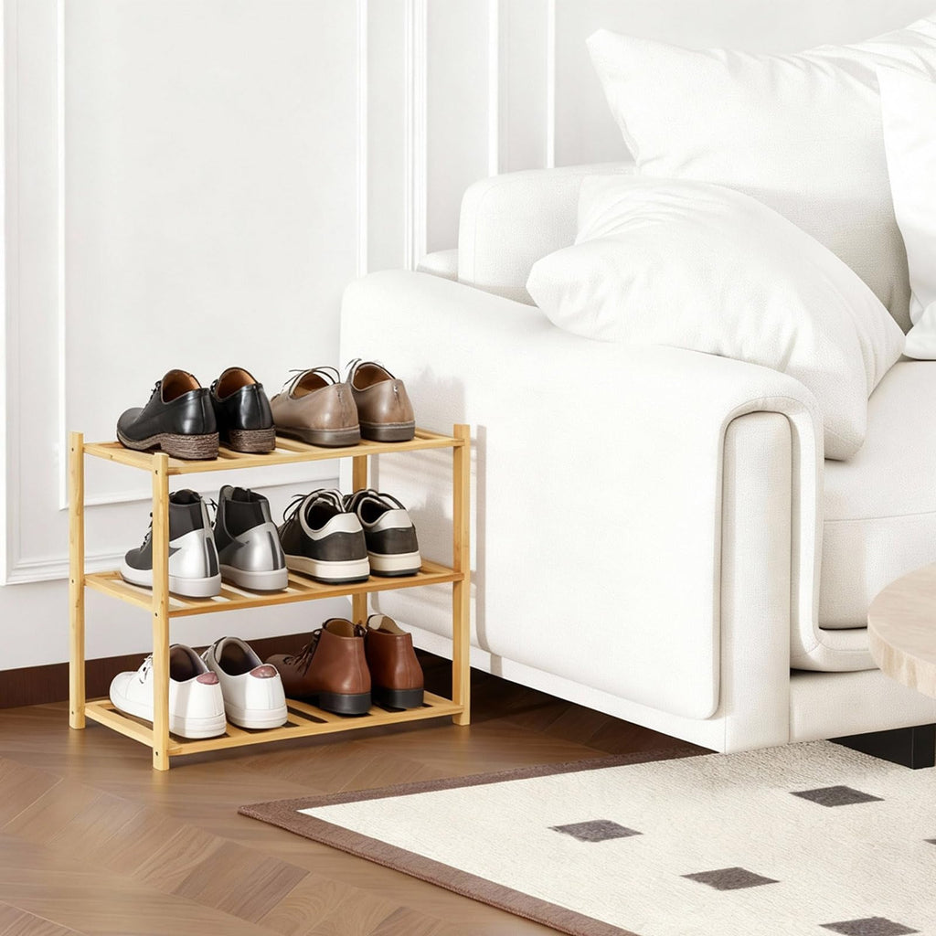 Akloya Small Shoe Rack, Multipurpose 3 Tier Shoe Organizers Rack，Small Bamboo Shelfs for Shoes, Plants, Books, Living Room, Hallway Bedroom, Bathroom (3 Tier)