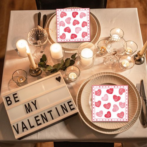 40 Pack Valentine’s Day Paper Napkins – 13 x 13 Inches Disposable Heart Love Message Serviettes Tableware Luncheon Cocktail Napkin Party Supplies for Weddings, Anniversaries, and Romantic Celebrations