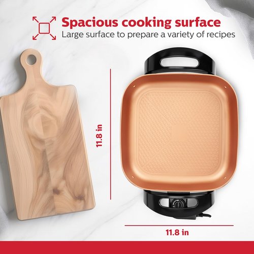 Holstein Housewares 12-Inch Electric Skillet - 1400W Electric Pan with Adjustable Temperature Control, PFOA-Free Non-Stick Coating, Cool-Touch Handles, Multi-Function Cooker, Copper & Black