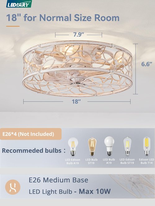 LEDIARY Caged Ceiling Fans with Lights, White Flush Mount Ceiling Fan with Remote&App, Small Low Profile Bladeless Ceiling Fan Light Fixture for Bedroom, Kitchen, Dining Room-White Gold Color