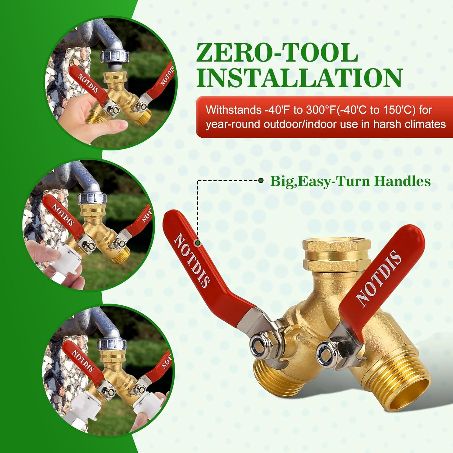 Brass Hose Splitter by [Brand Name] - Heavy Duty 2-Way Connector with 304 Stainless Steel Handle | 3/4 Inch GHT Thread