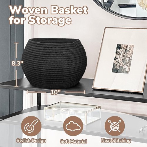 Goodpick Small Rope Storage Basket - Stylish Black Round Basket for Socks, Toys & Towels | 10 x 8.3 Inches