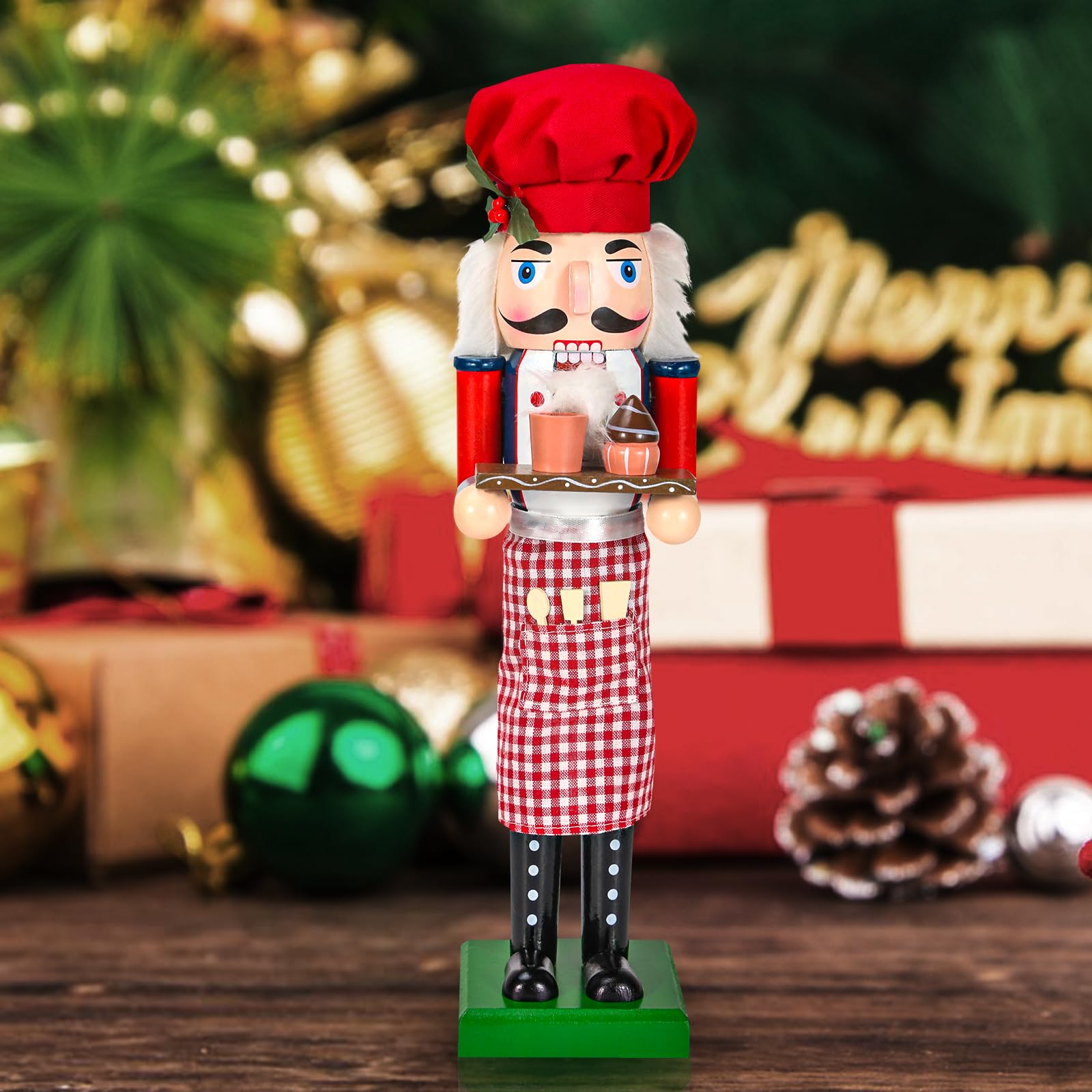 WODICY Christmas Nutcracker Décor Figures, 15 inches Chef Wooden Nutcracker Ornaments with Cup Cake and Chef hat for Kitchen Shelves Tabletop Festival Decorations Gift