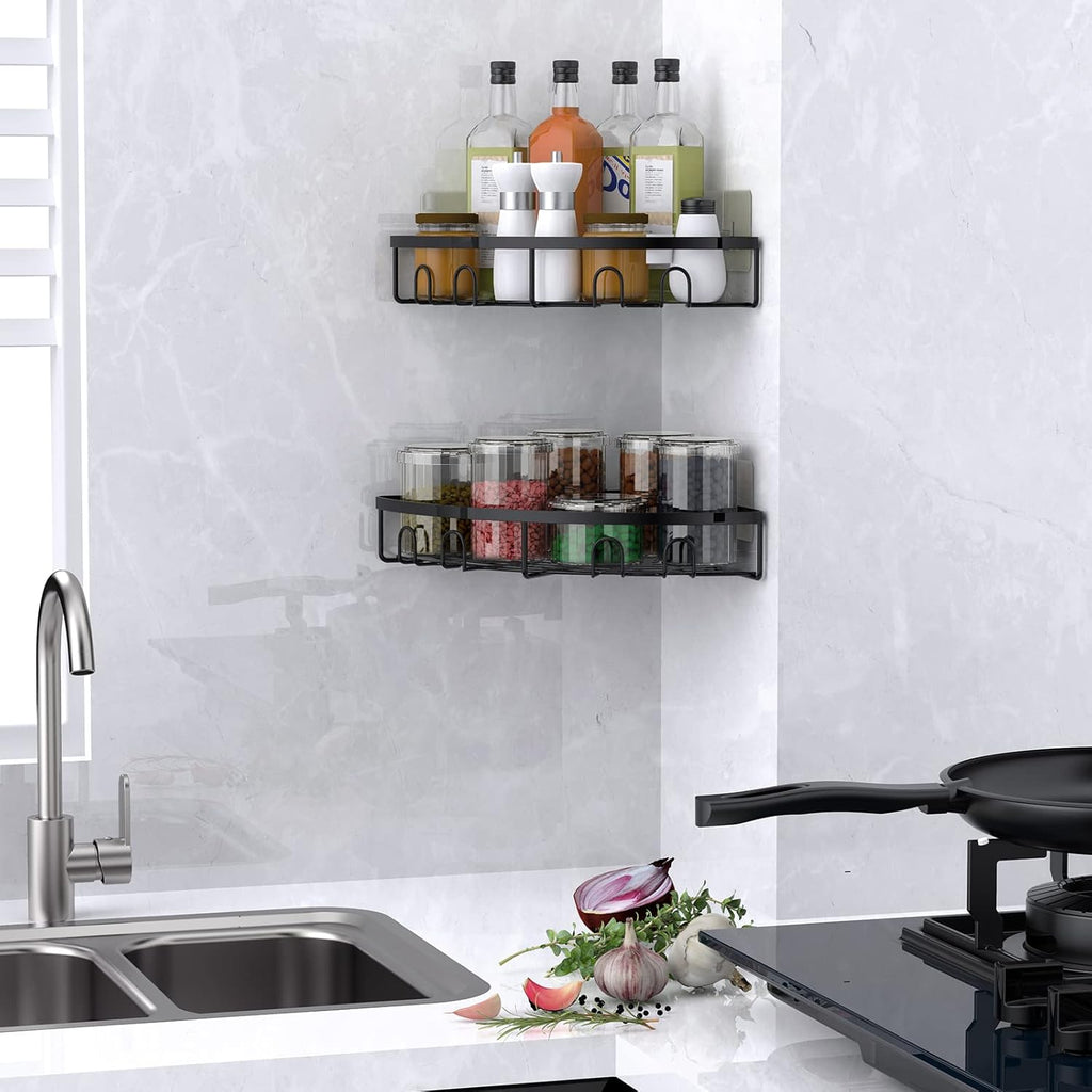 Skiennix Corner Shower Caddy - 2 Pack Adhesive Organizer Shelf | Rustproof Wall-Mounted Storage Rack (Black)