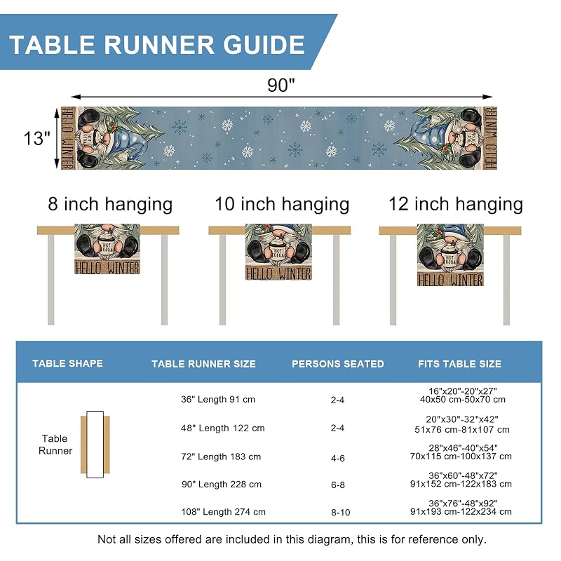 Winter Blue Gnome Table Runner 13" x 90" – Pine Tree Snowflake Hot Cocoa – Variation: Winter Blue Gnome+Table Runner