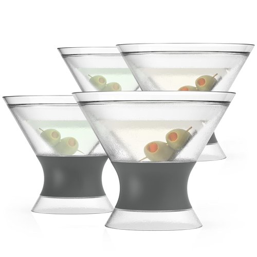 Host Freeze Insulated Martini Glasses Set of 4, Plastic Freezer Gel Chiller Double Wall Stemless Coupe and Cocktail Glass, 9 oz, Grey
