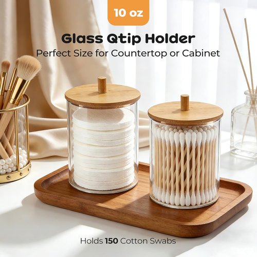 Glass Qtip Holder Dispenser Set - 10oz Cotton Swab & Bamboo Lids | Stylish Bathroom Storage (2 Pack)
