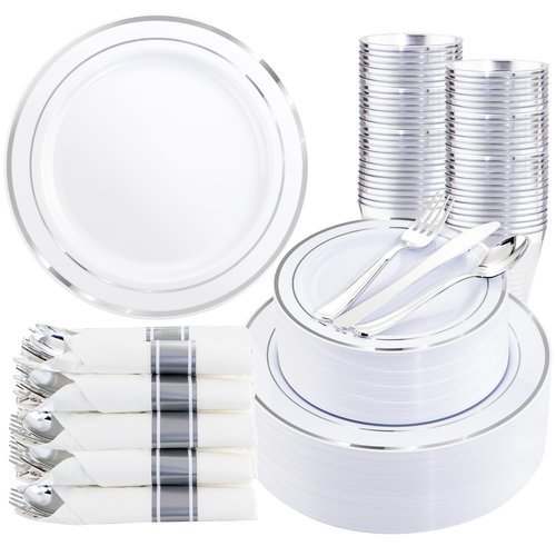 WDF Partyware 350Piece Silver Plastic Dinnerware Set for 50 Guests - Silver Plastic Plates with Cutlery Include:50Dinner Plates-50Dessert Plates-50Pre Rolled Napkins with Silverware Party Wedding