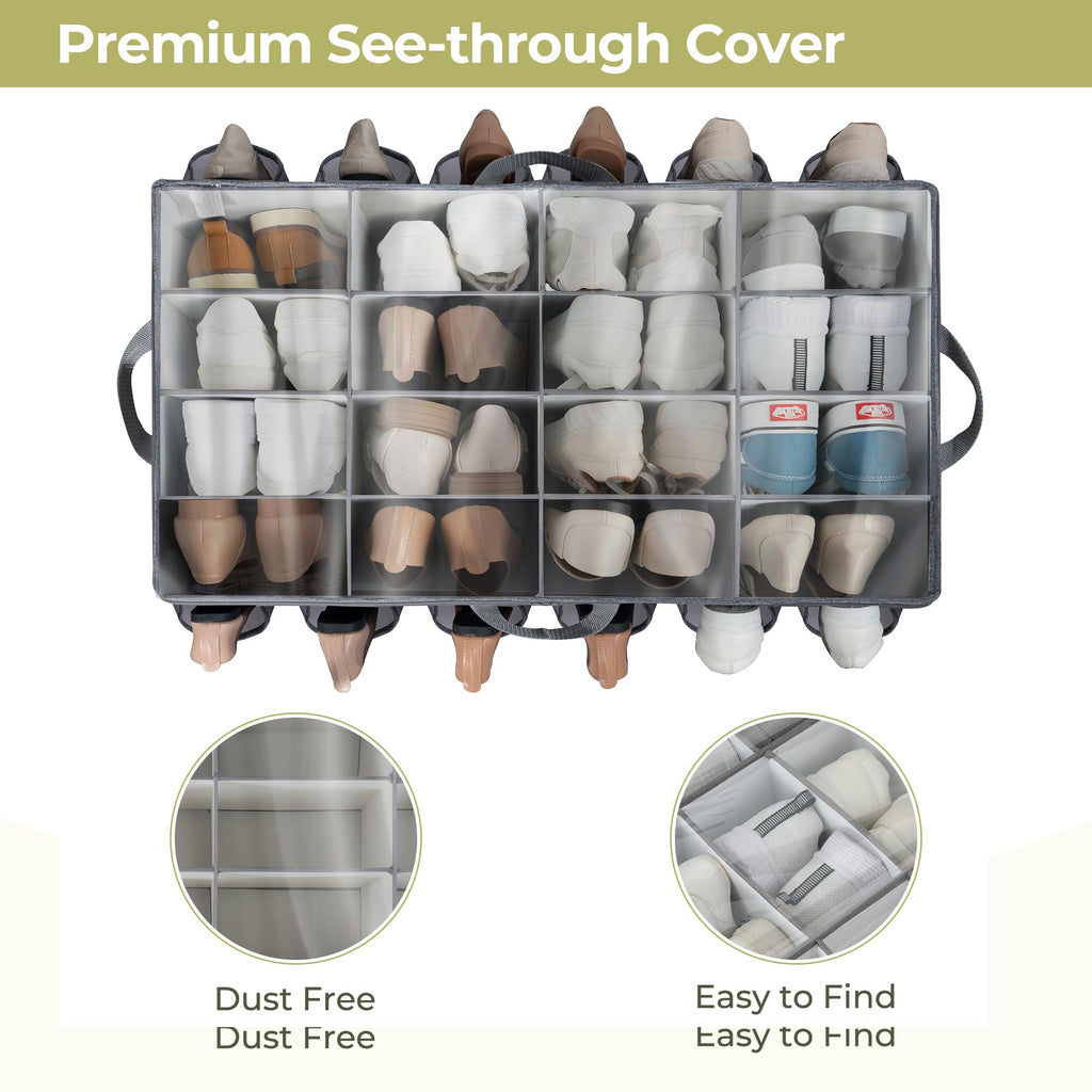 STORAGEIDEAS Shoe Organizer for Closet, Shoe Storage Solution with Clear Cover & Adjustable Dividers, Fabric Shoe Box Fits 16 +12 Pairs Shoes, Grey, 1-Pack