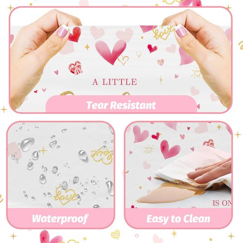 MEHOFOND 3pcs Valentine's Day Baby Shower Tablecloth for Girl, Disposable Plastic A Little Sweetheart is On The Way Pink Heart Table Cloth Rectangle 54x108 inch, Table Cover for Baby Shower Decor