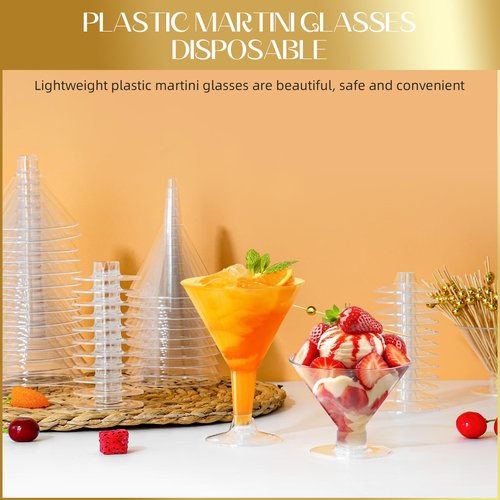RYTOXILO 100 PCS Plastic Martini Glasses Disposable, 5oz and 7oz Clear Martini Plastic Glasses with Cocktail Picks, Unbreakable Mini Cocktail Cups for Weddings Party