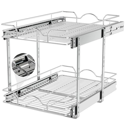OCG 2 Tier Pull Out Cabinet Organizer (14" W x 21" D), Pull Out Drawers for Kitchen Cabinets, Pull Out Shelves for Base Cabinet Organization in Kitchen Bathroom Pantry, Chrome Finish